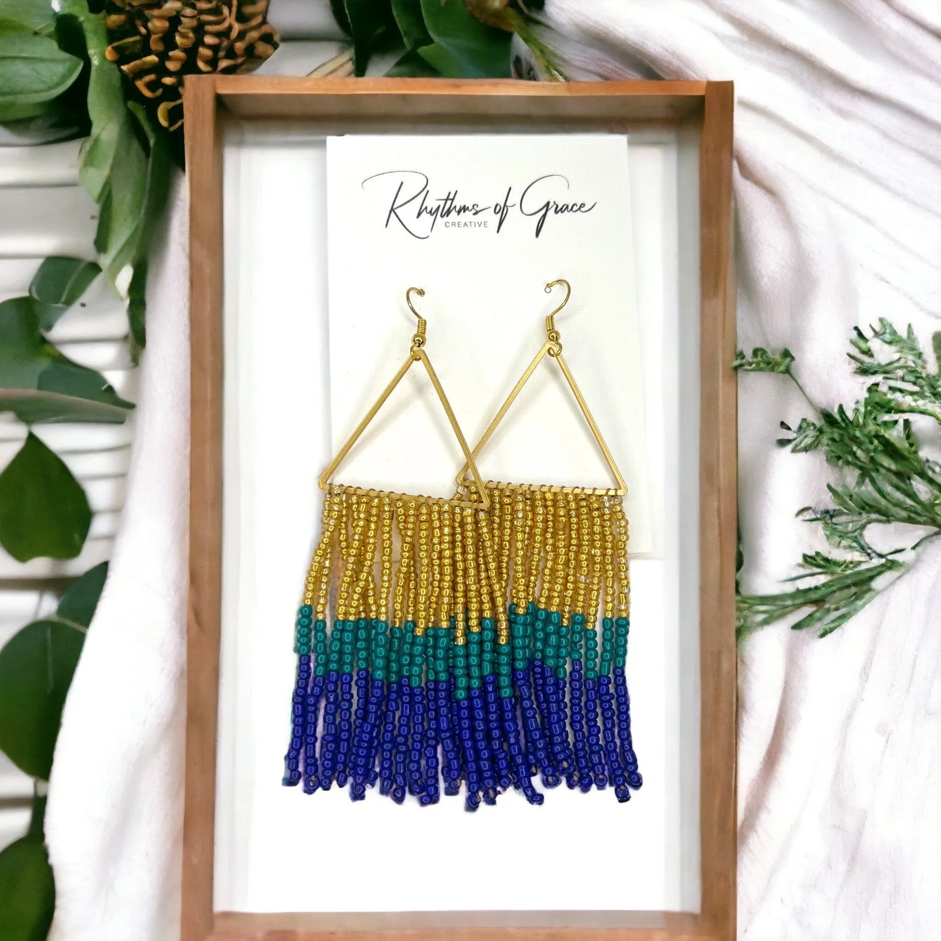 Boho Beaded Earrings - Boho Earrings, Bohemian Style, Kentucky Derby, Beaded Accessories, Handmade Jewelry, Boho Chic, Blue and Gold, Beads