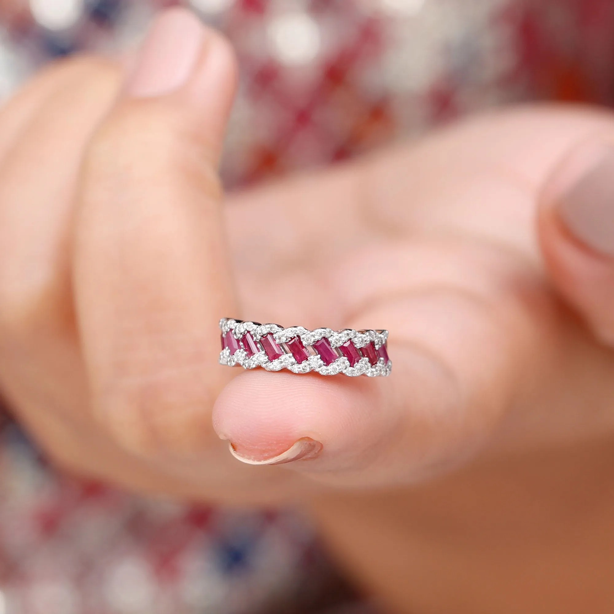Braided Half Eternity Band Ring with Ruby and Diamond