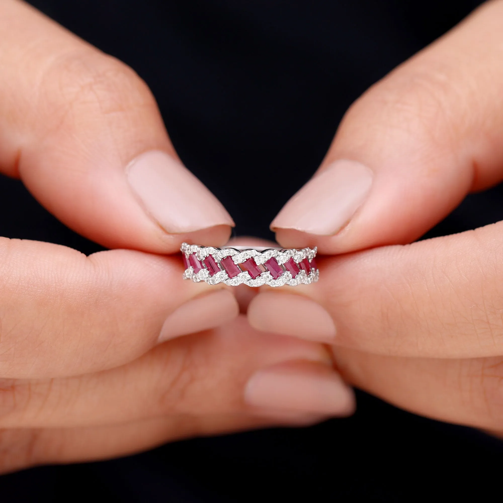 Braided Half Eternity Band Ring with Ruby and Diamond