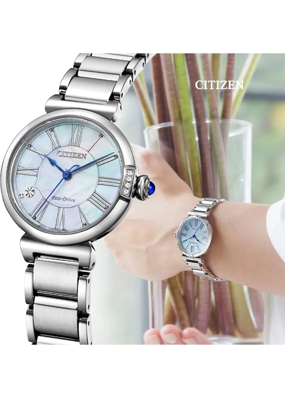 CITIZEN LADIES ECO-DRIVE DIAMOND MOTHER OF PEARL DIAL BLUE EM1060-87N