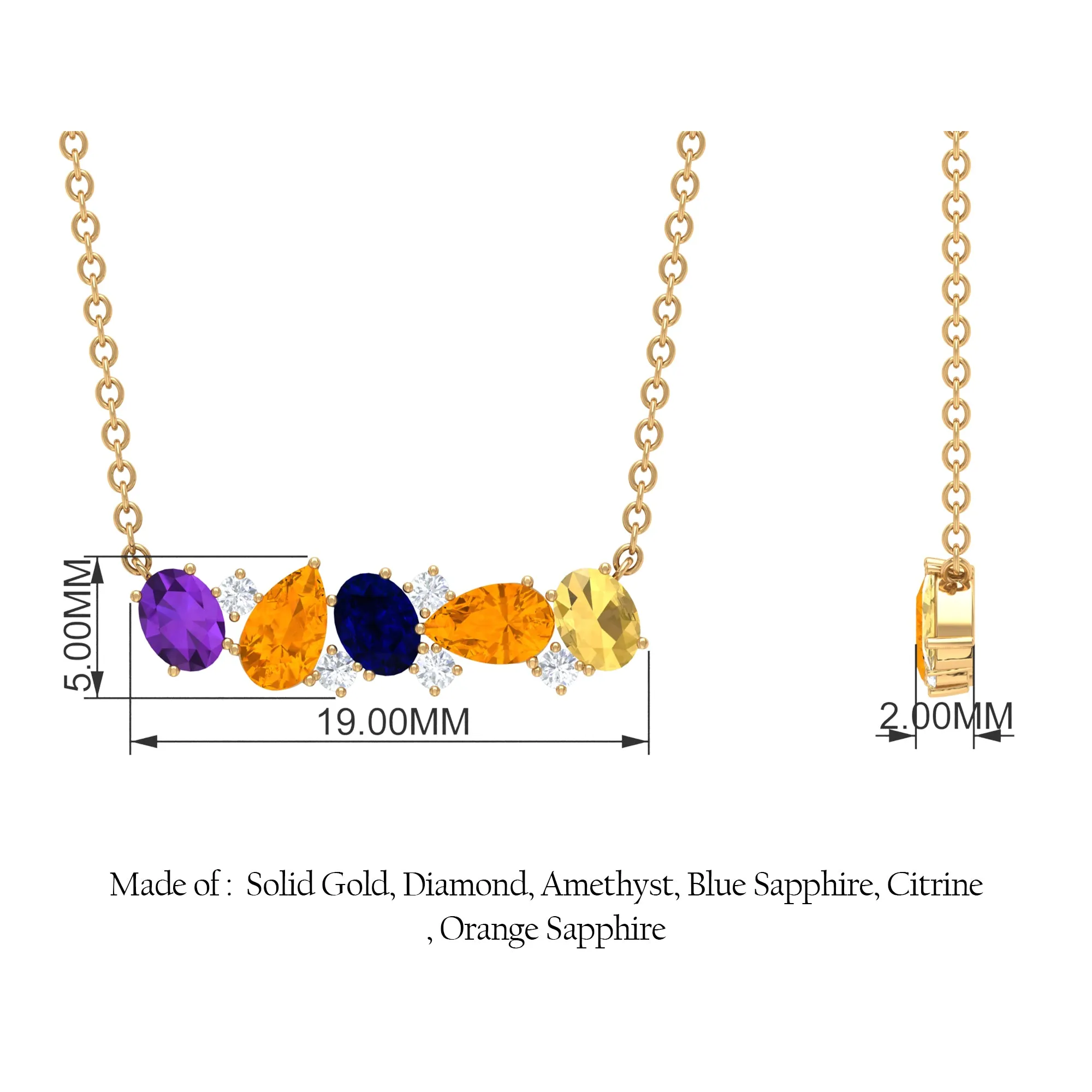Classic Multi Gemstone Bar Necklace in Gold with Moissanite