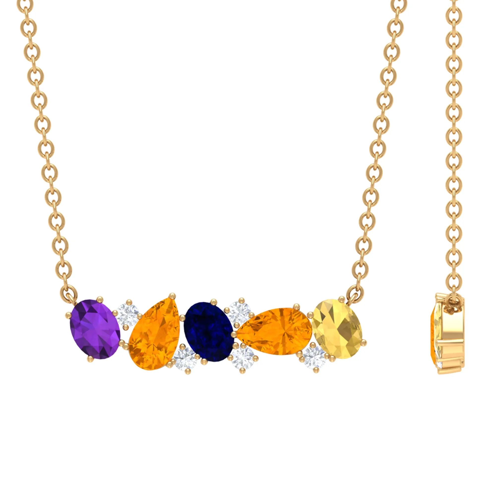 Classic Multi Gemstone Bar Necklace in Gold with Moissanite