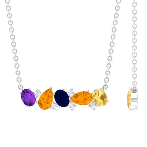 Classic Multi Gemstone Bar Necklace in Gold with Moissanite