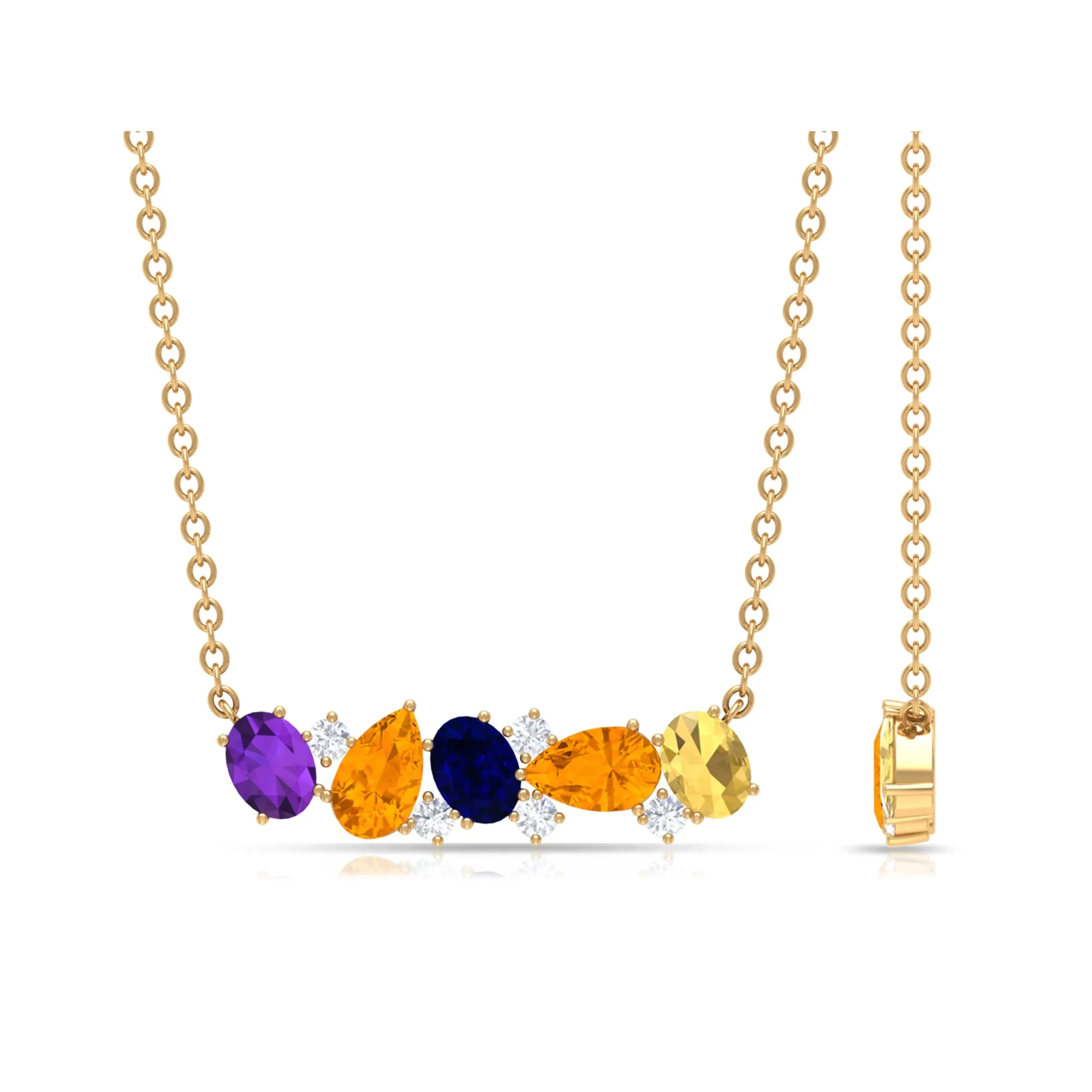 Classic Multi Gemstone Bar Necklace in Gold with Moissanite