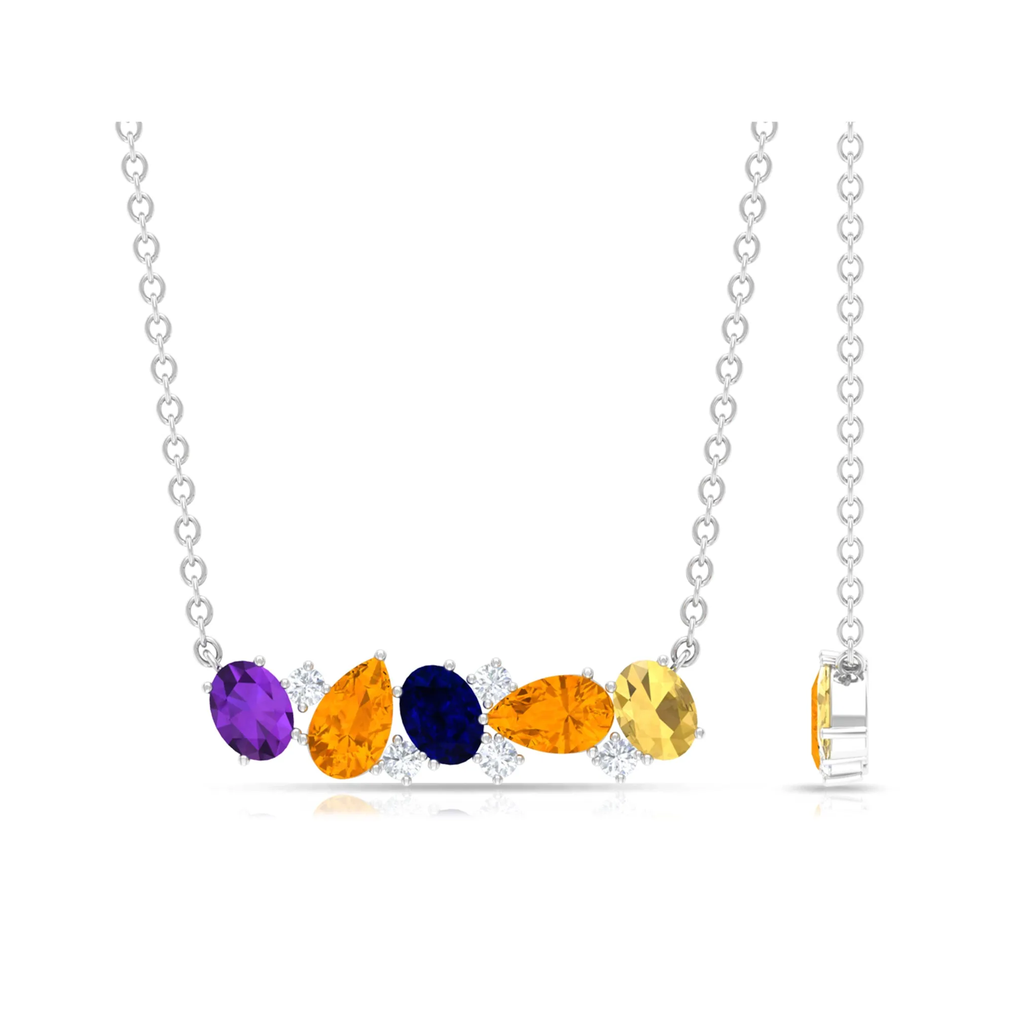 Classic Multi Gemstone Bar Necklace in Gold with Moissanite