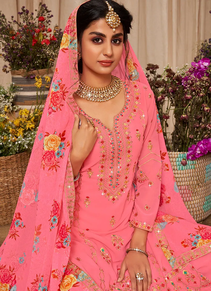 Coral Kashmiri Embroidery Lehenga Kurti And Dupatta