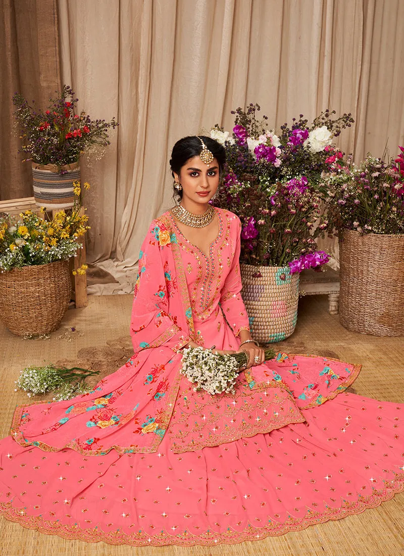 Coral Kashmiri Embroidery Lehenga Kurti And Dupatta