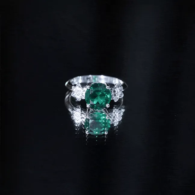 Created Emerald Solitaire Flower Engagement Ring with Diamond