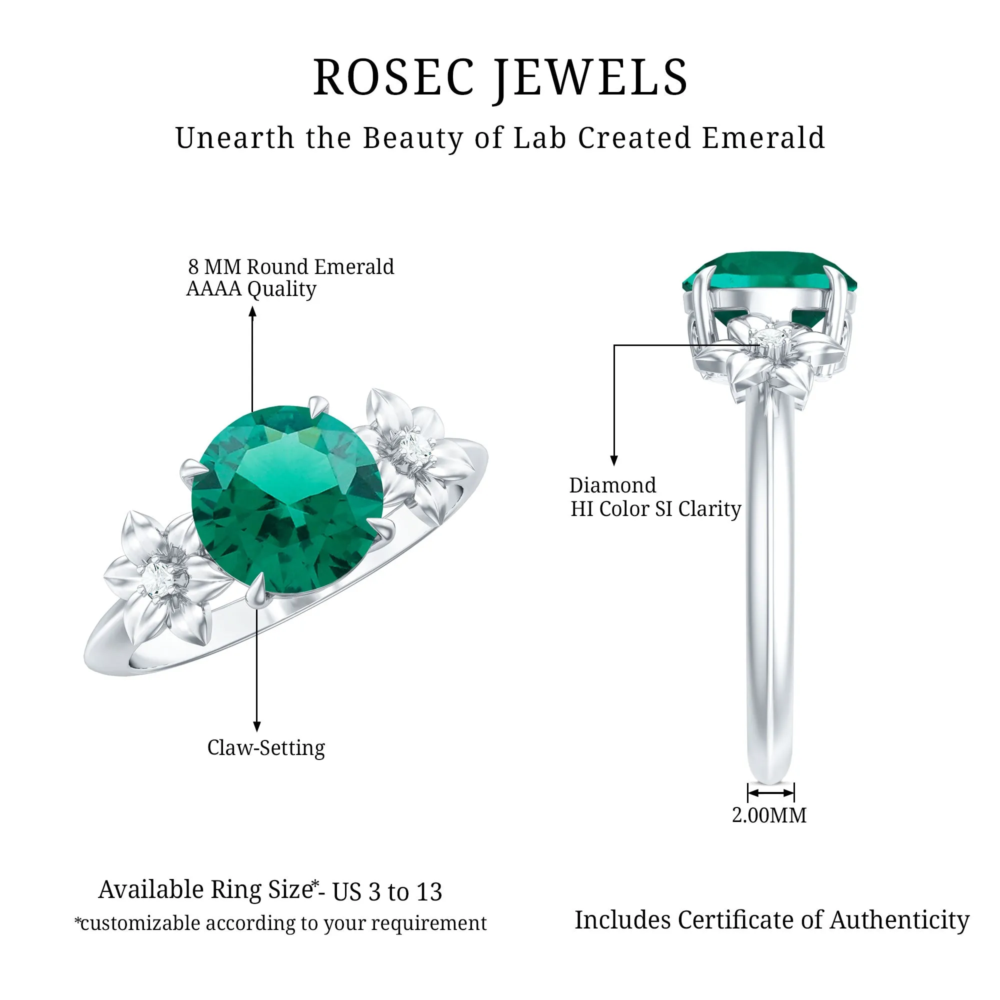 Created Emerald Solitaire Flower Engagement Ring with Diamond