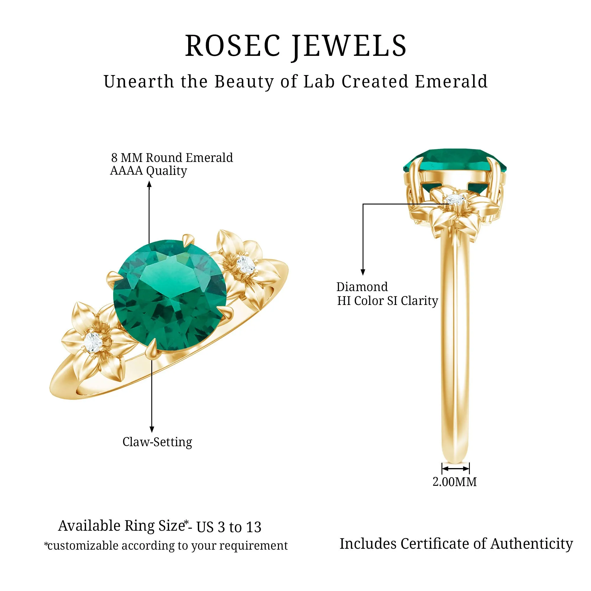 Created Emerald Solitaire Flower Engagement Ring with Diamond