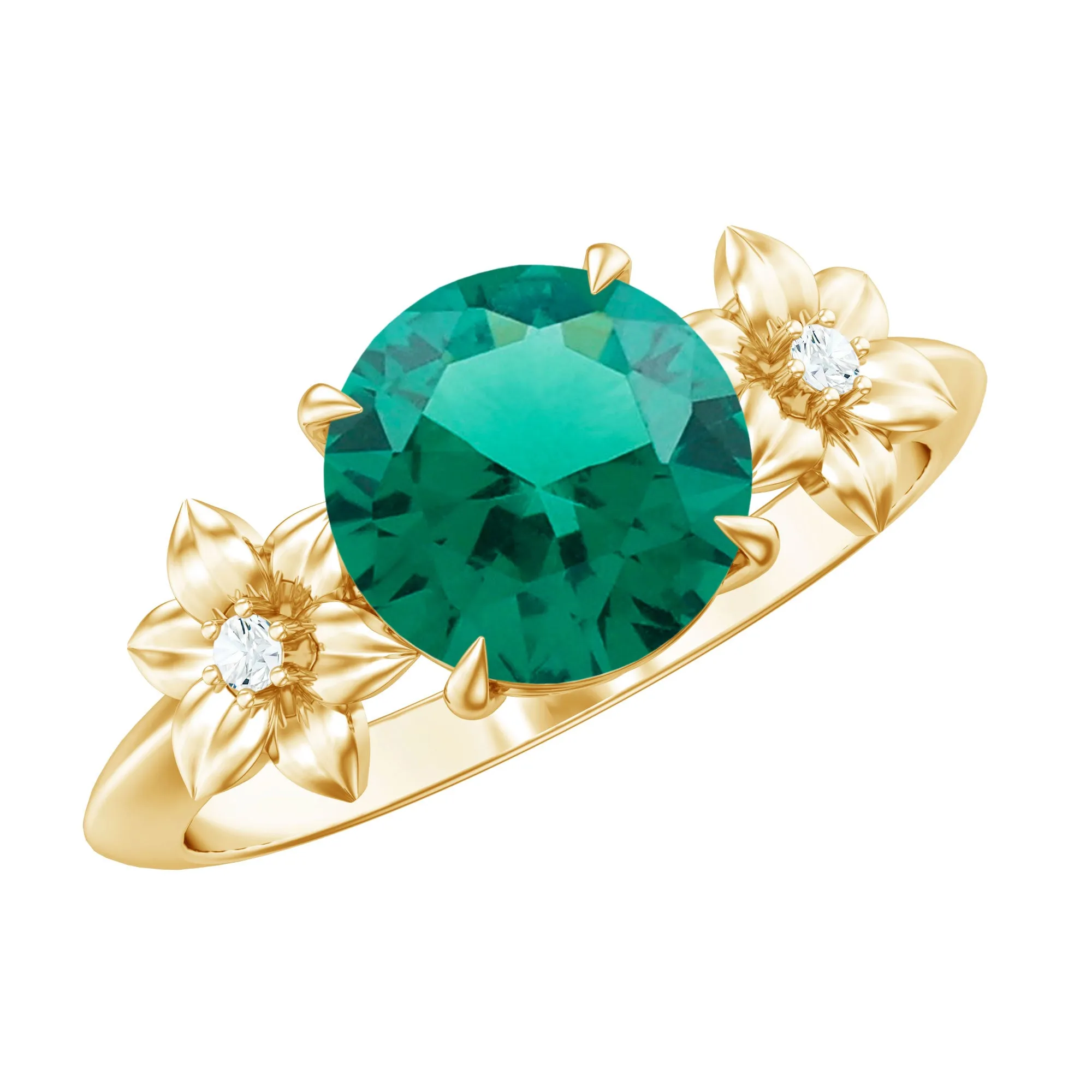 Created Emerald Solitaire Flower Engagement Ring with Diamond