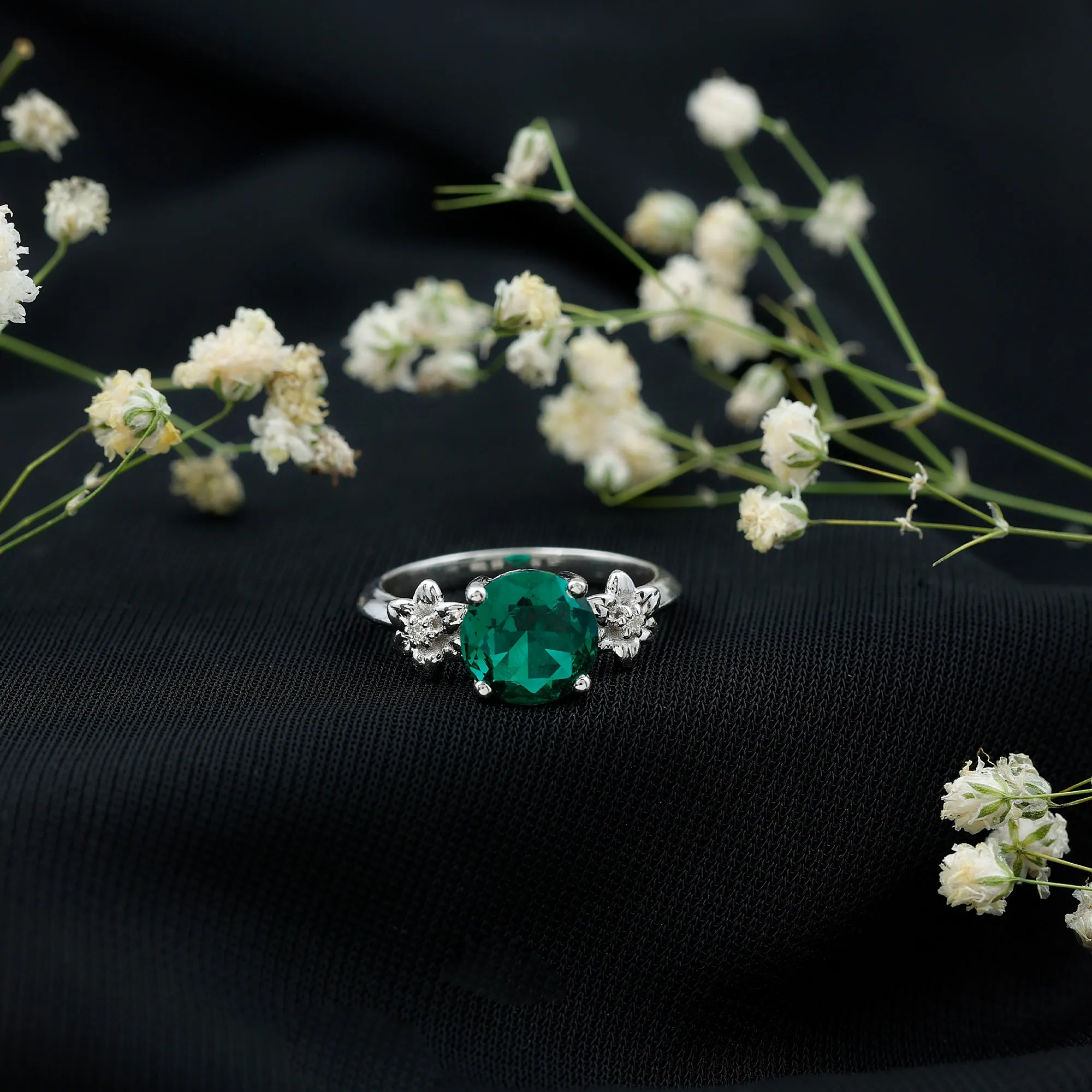 Created Emerald Solitaire Flower Engagement Ring with Diamond