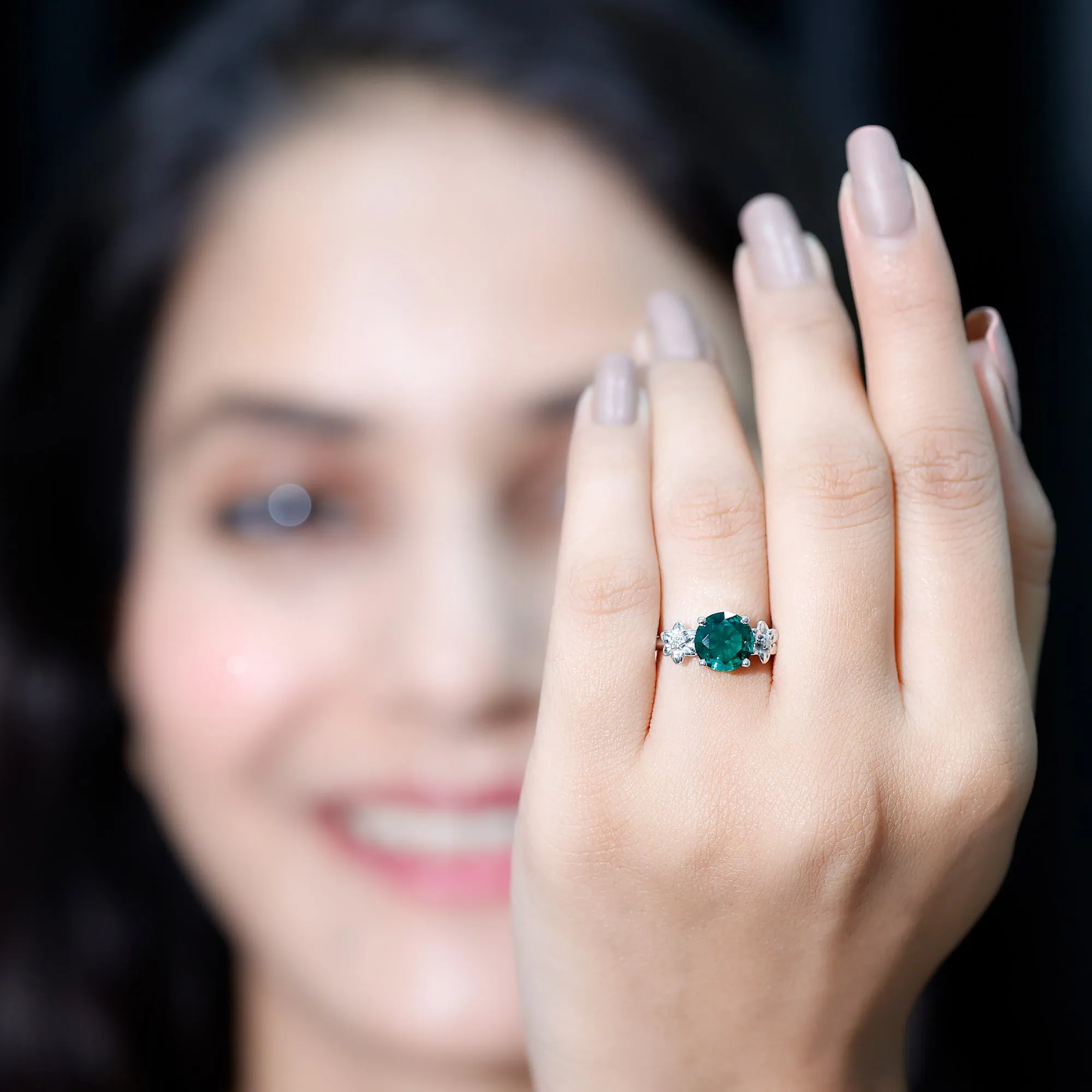 Created Emerald Solitaire Flower Engagement Ring with Diamond