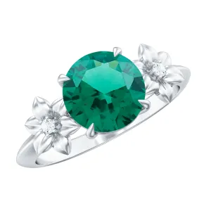 Created Emerald Solitaire Flower Engagement Ring with Diamond