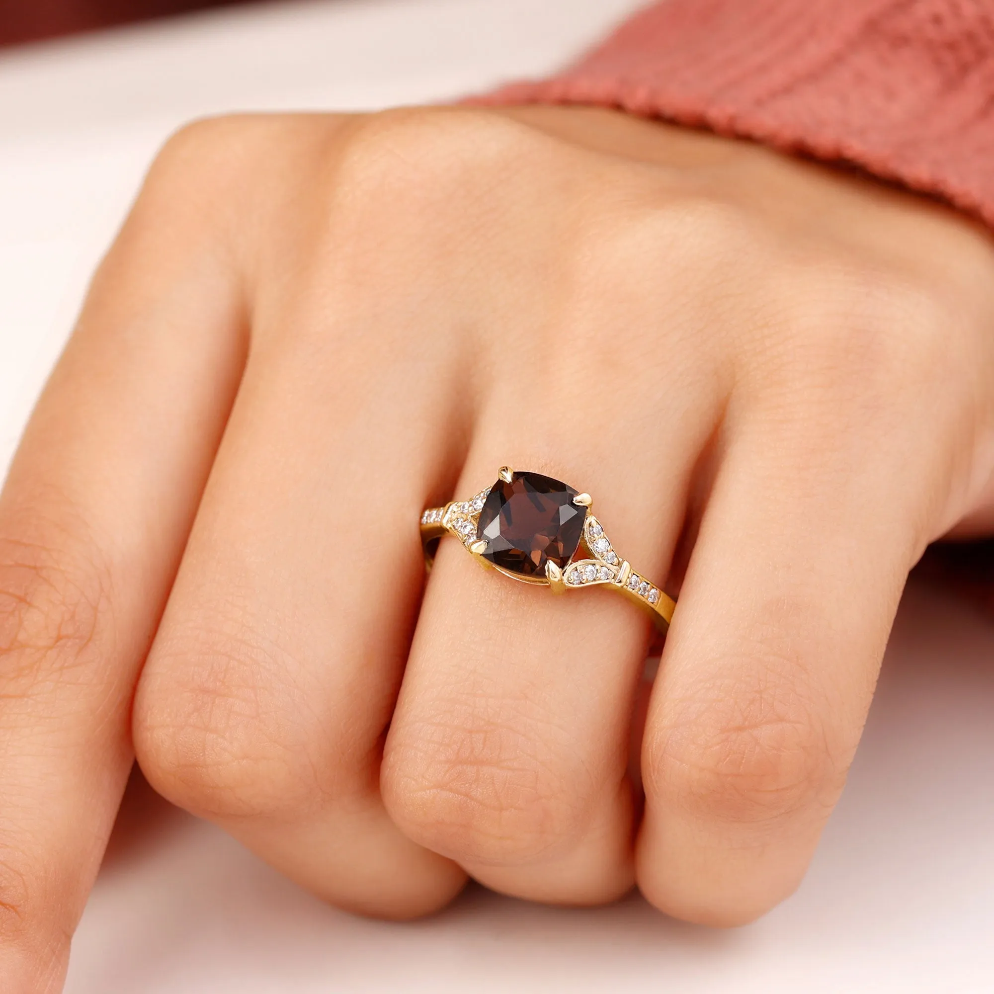 Cushion Cut Smoky Quartz and Diamond Solitaire Engagement Ring