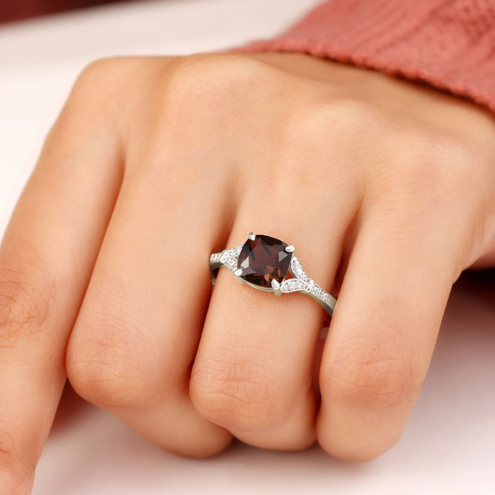 Cushion Cut Smoky Quartz and Diamond Solitaire Engagement Ring