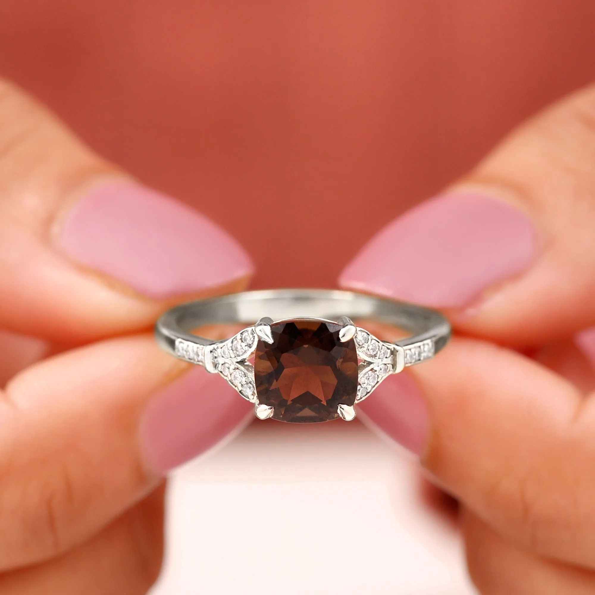 Cushion Cut Smoky Quartz and Diamond Solitaire Engagement Ring