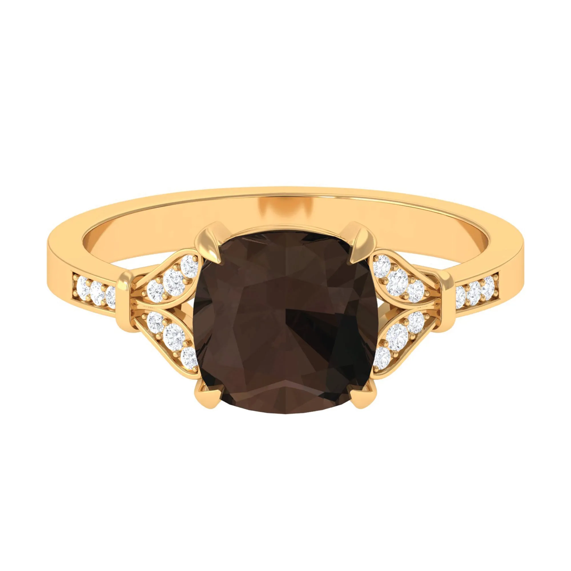 Cushion Cut Smoky Quartz and Diamond Solitaire Engagement Ring