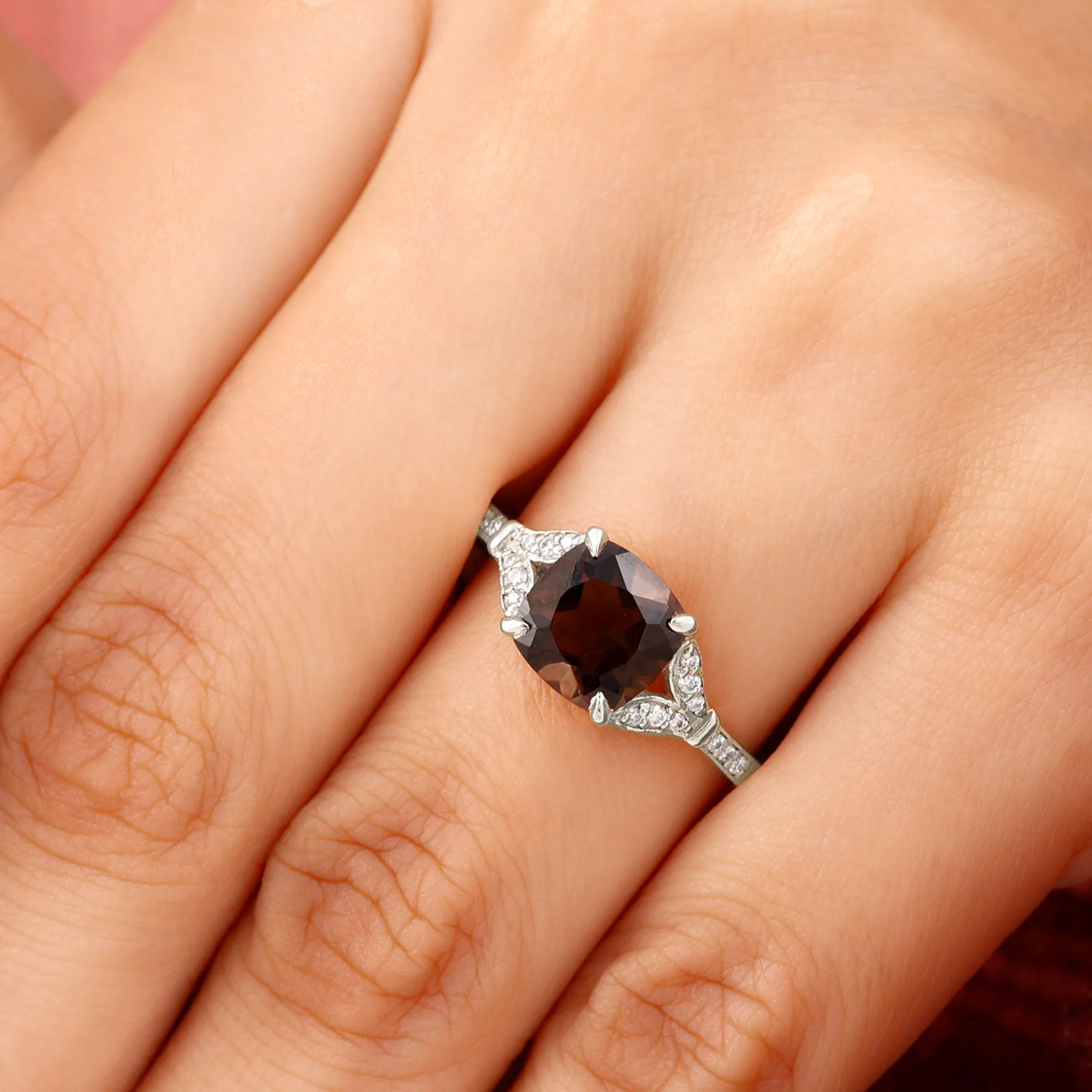 Cushion Cut Smoky Quartz and Diamond Solitaire Engagement Ring