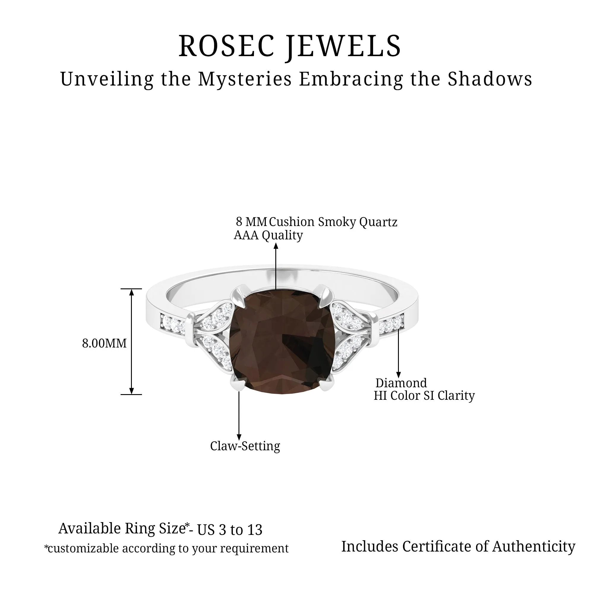 Cushion Cut Smoky Quartz and Diamond Solitaire Engagement Ring