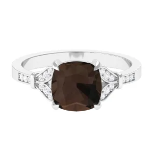 Cushion Cut Smoky Quartz and Diamond Solitaire Engagement Ring