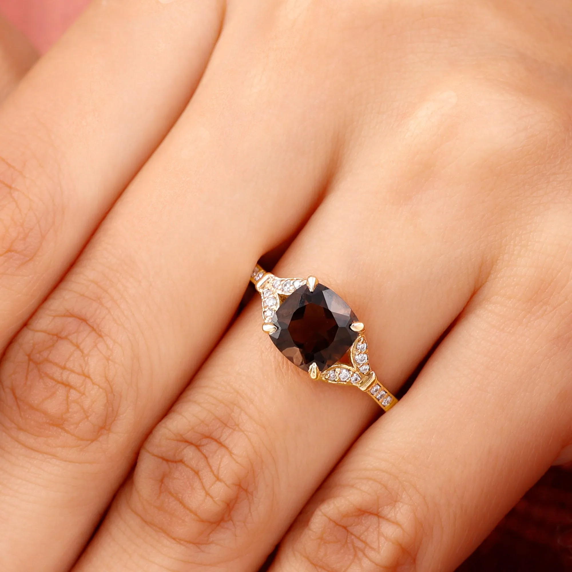 Cushion Cut Smoky Quartz and Diamond Solitaire Engagement Ring