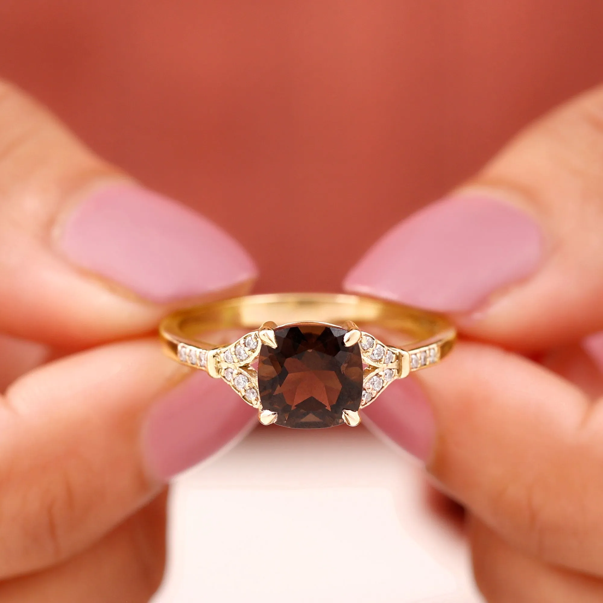 Cushion Cut Smoky Quartz and Diamond Solitaire Engagement Ring