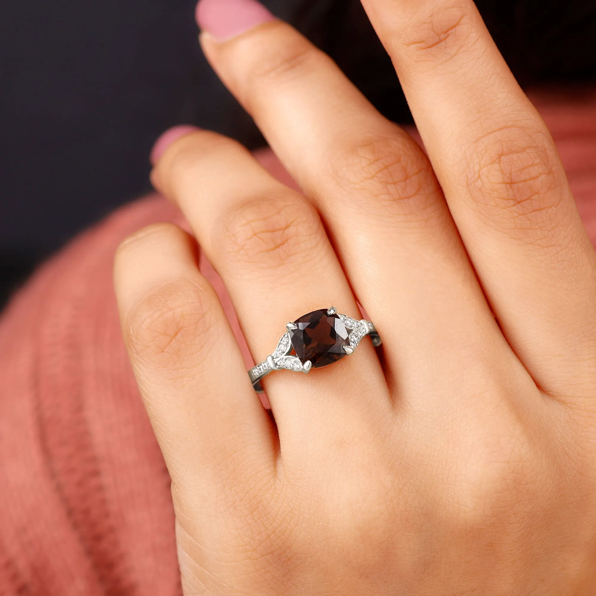 Cushion Cut Smoky Quartz and Diamond Solitaire Engagement Ring