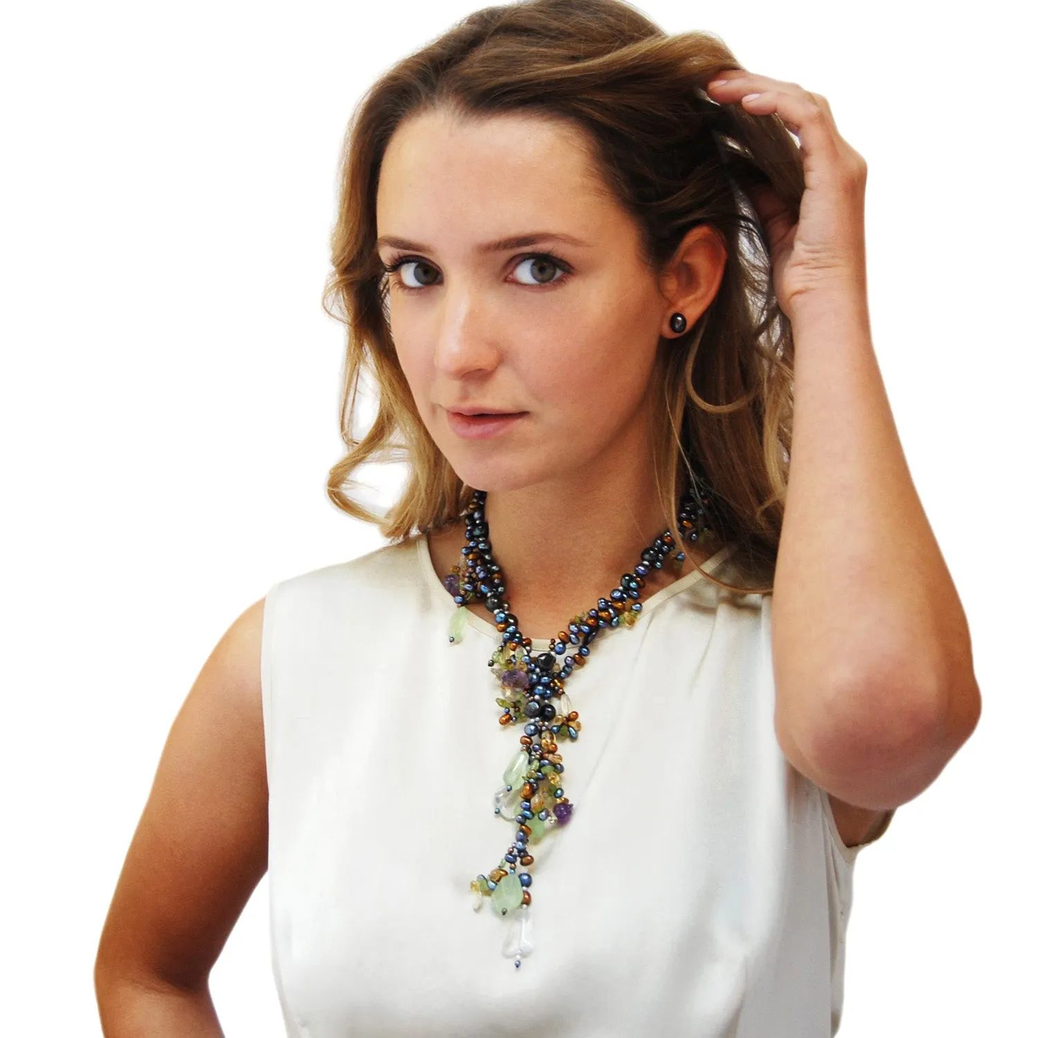 Dark Multi-Coloured Pearl & Semi Precious Stone 'Abstract' Lariat
