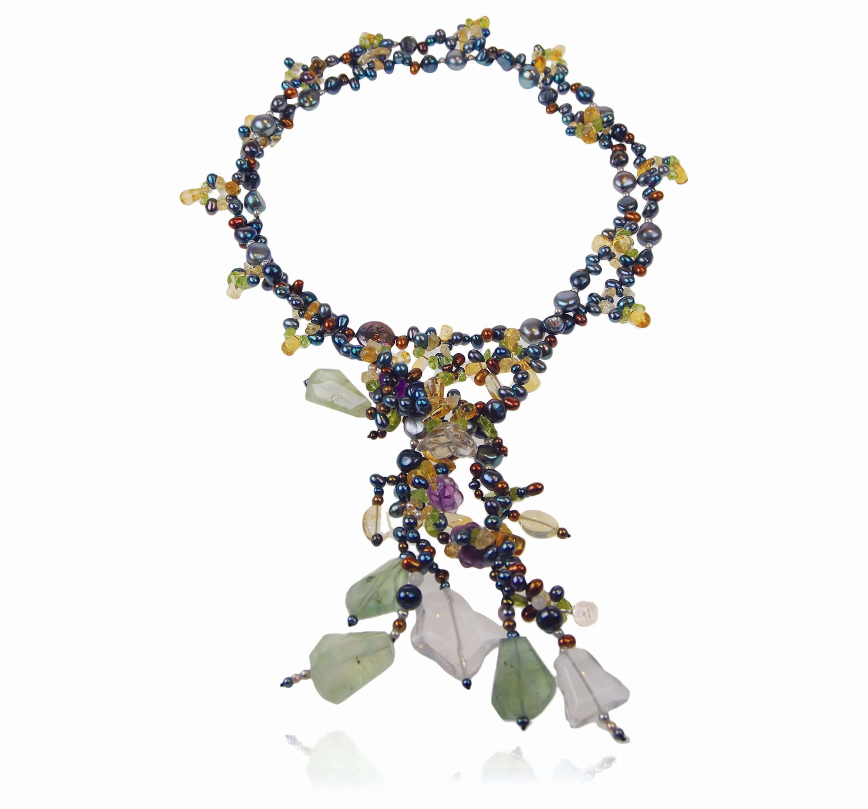 Dark Multi-Coloured Pearl & Semi Precious Stone 'Abstract' Lariat