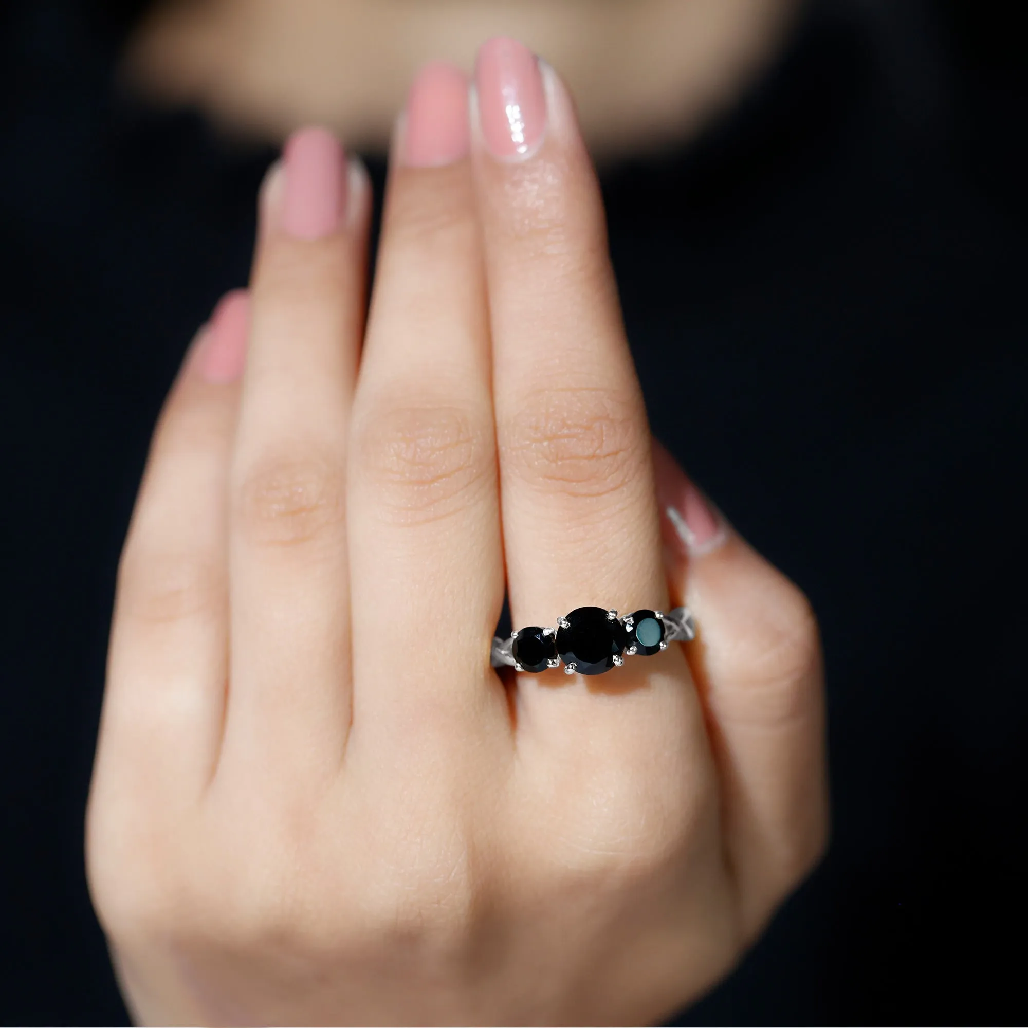 December Birthstone 2.25 CT Round Cut Black Onyx Three Stone Crossover Ring for Women