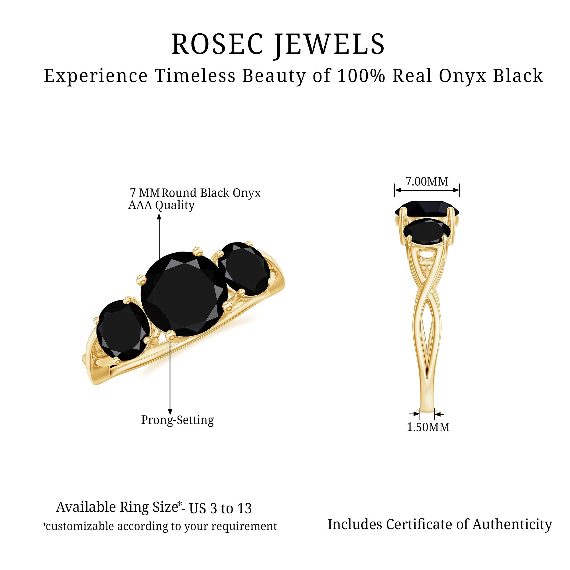 December Birthstone 2.25 CT Round Cut Black Onyx Three Stone Crossover Ring for Women