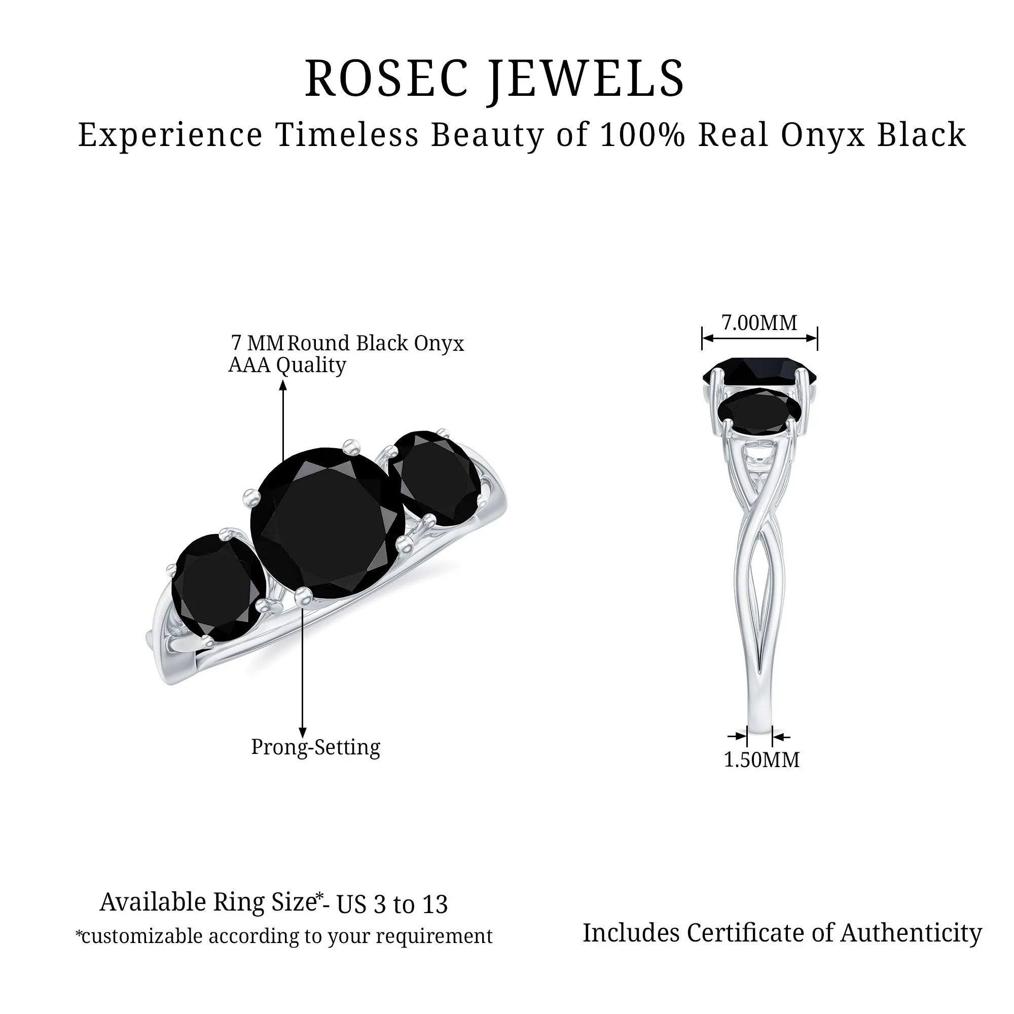 December Birthstone 2.25 CT Round Cut Black Onyx Three Stone Crossover Ring for Women