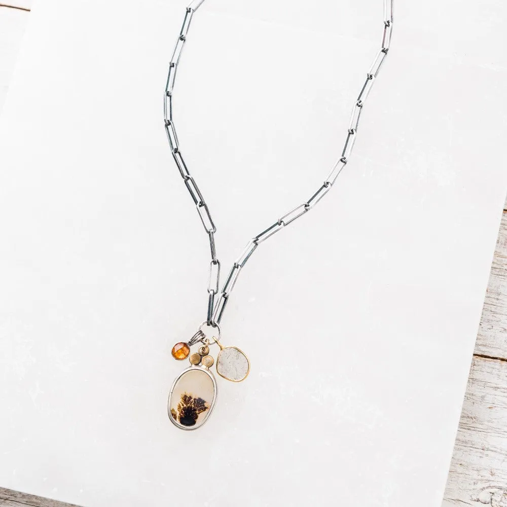 Dendritic Agate Oval Necklace with Diamond Slice and Garnet