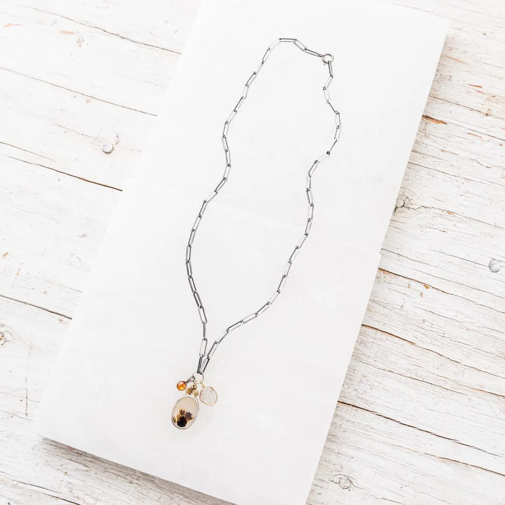 Dendritic Agate Oval Necklace with Diamond Slice and Garnet