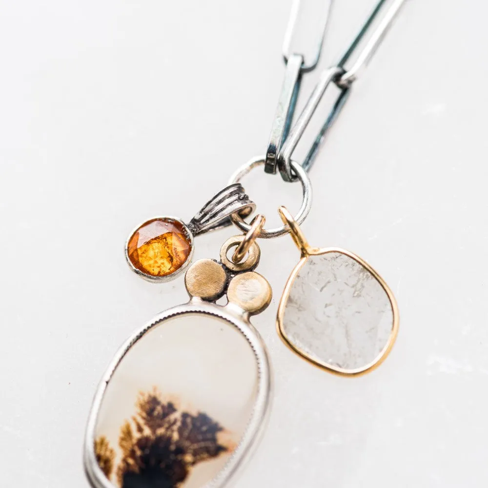 Dendritic Agate Oval Necklace with Diamond Slice and Garnet