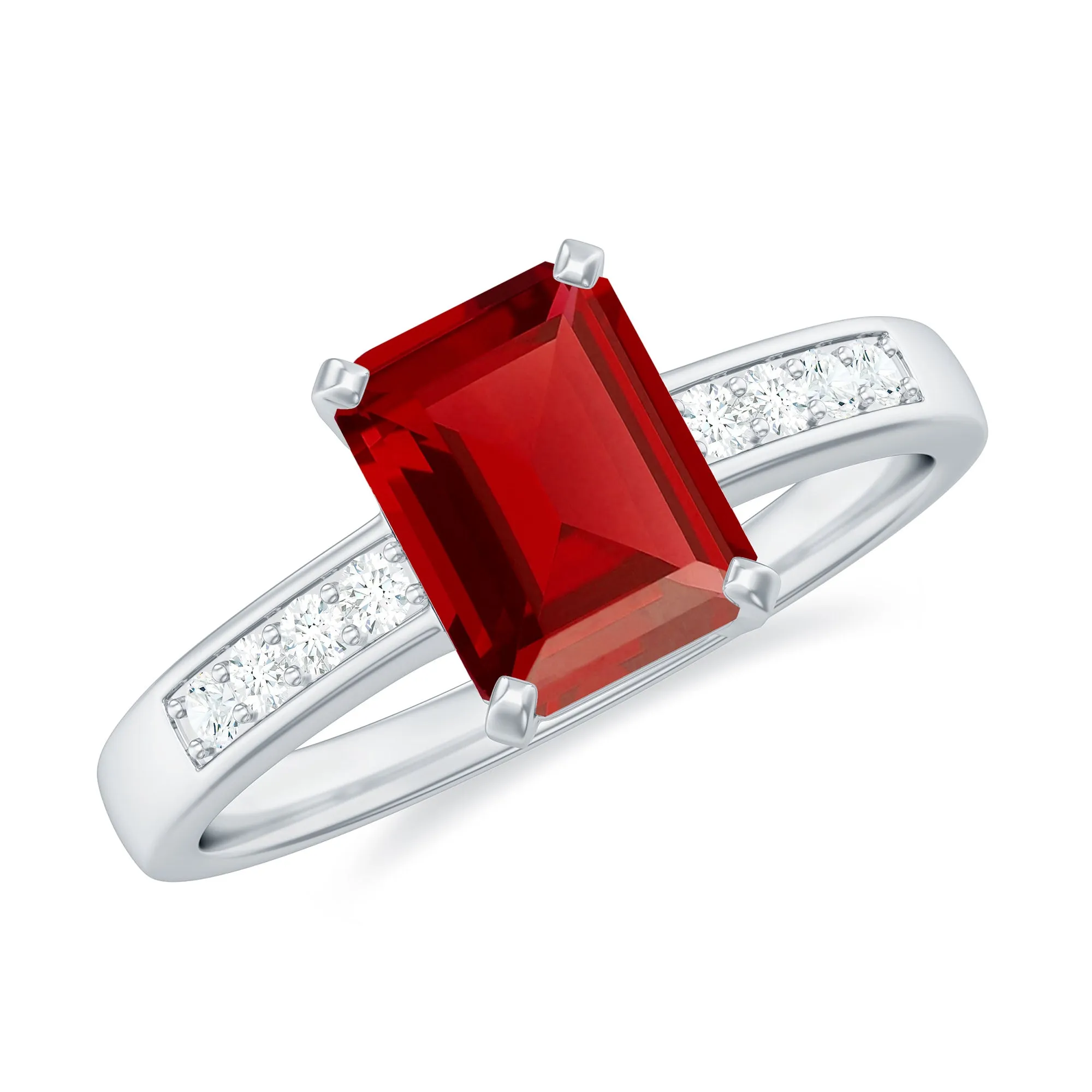 Emerald Cut Certified Created Ruby Solitaire Ring with Diamond