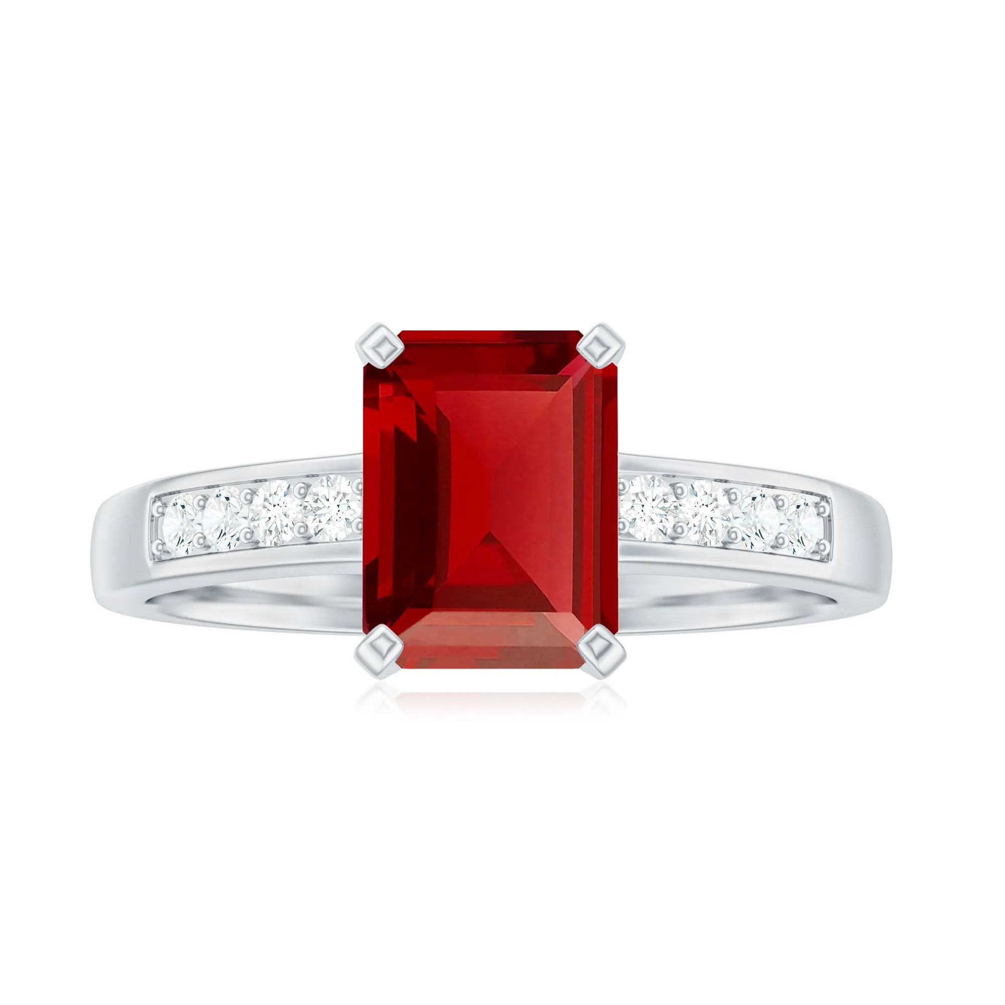 Emerald Cut Certified Created Ruby Solitaire Ring with Diamond