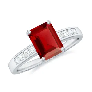 Emerald Cut Certified Created Ruby Solitaire Ring with Diamond