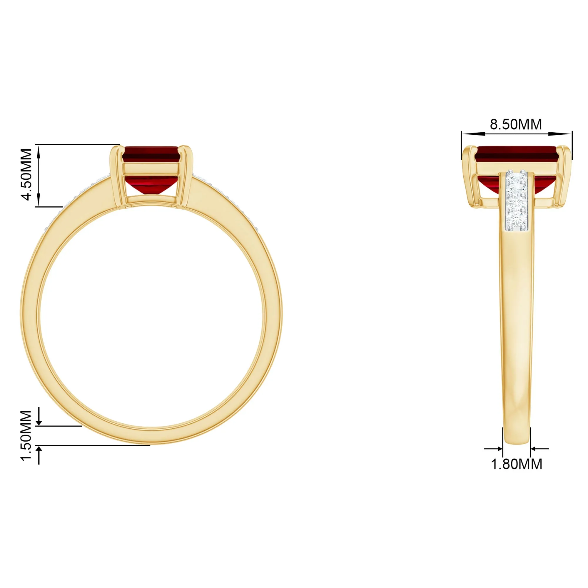 Emerald Cut Certified Created Ruby Solitaire Ring with Diamond