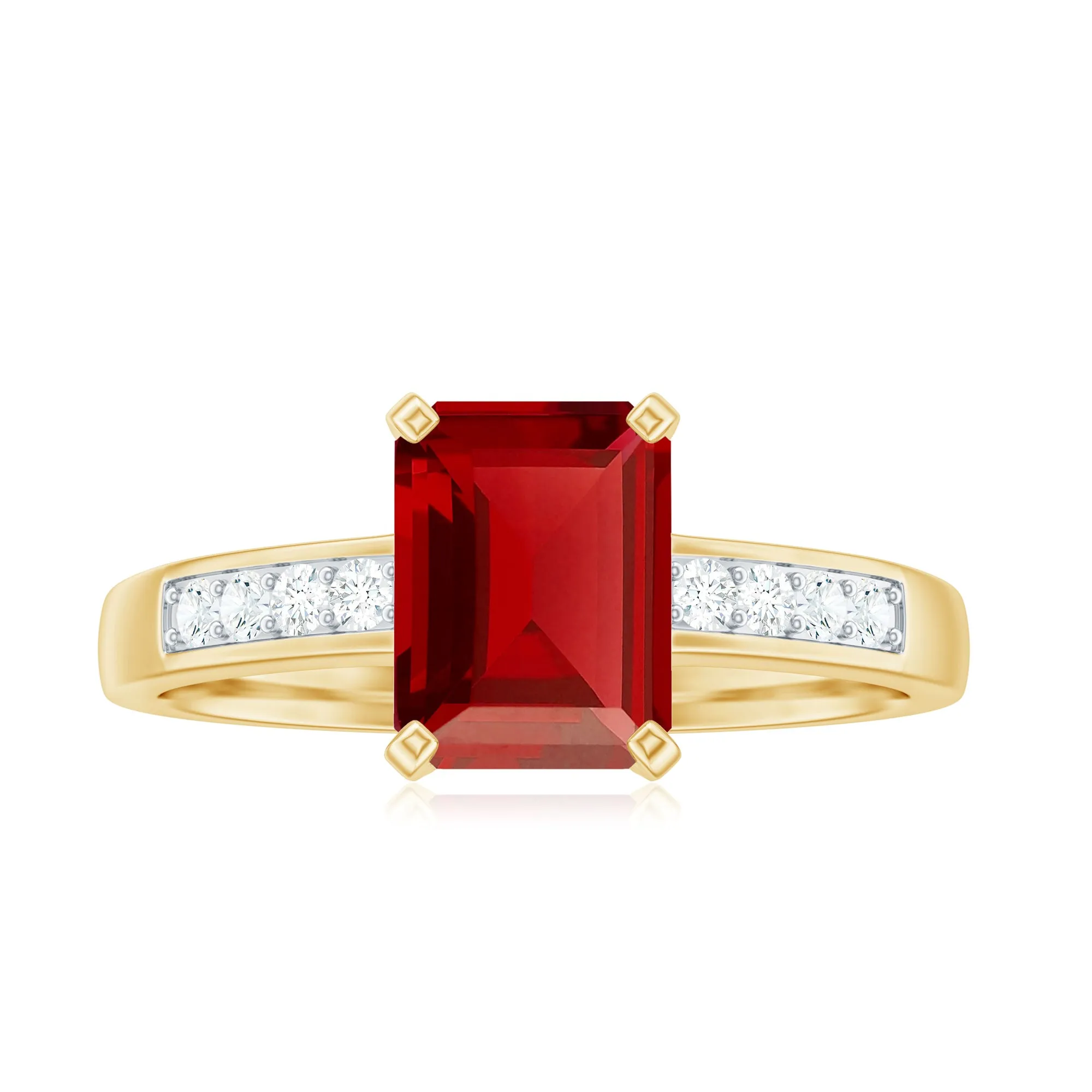 Emerald Cut Certified Created Ruby Solitaire Ring with Diamond
