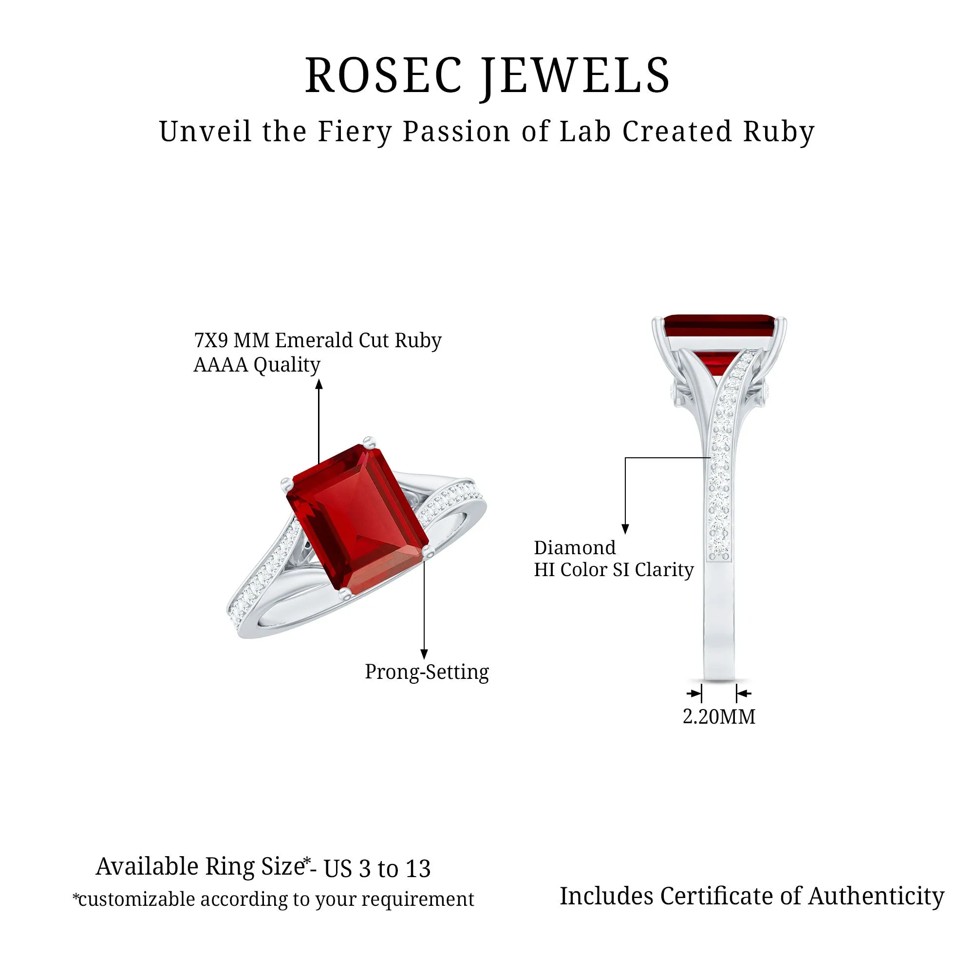 Emerald Cut Lab Grown Ruby and Diamond Ring with Split Shank