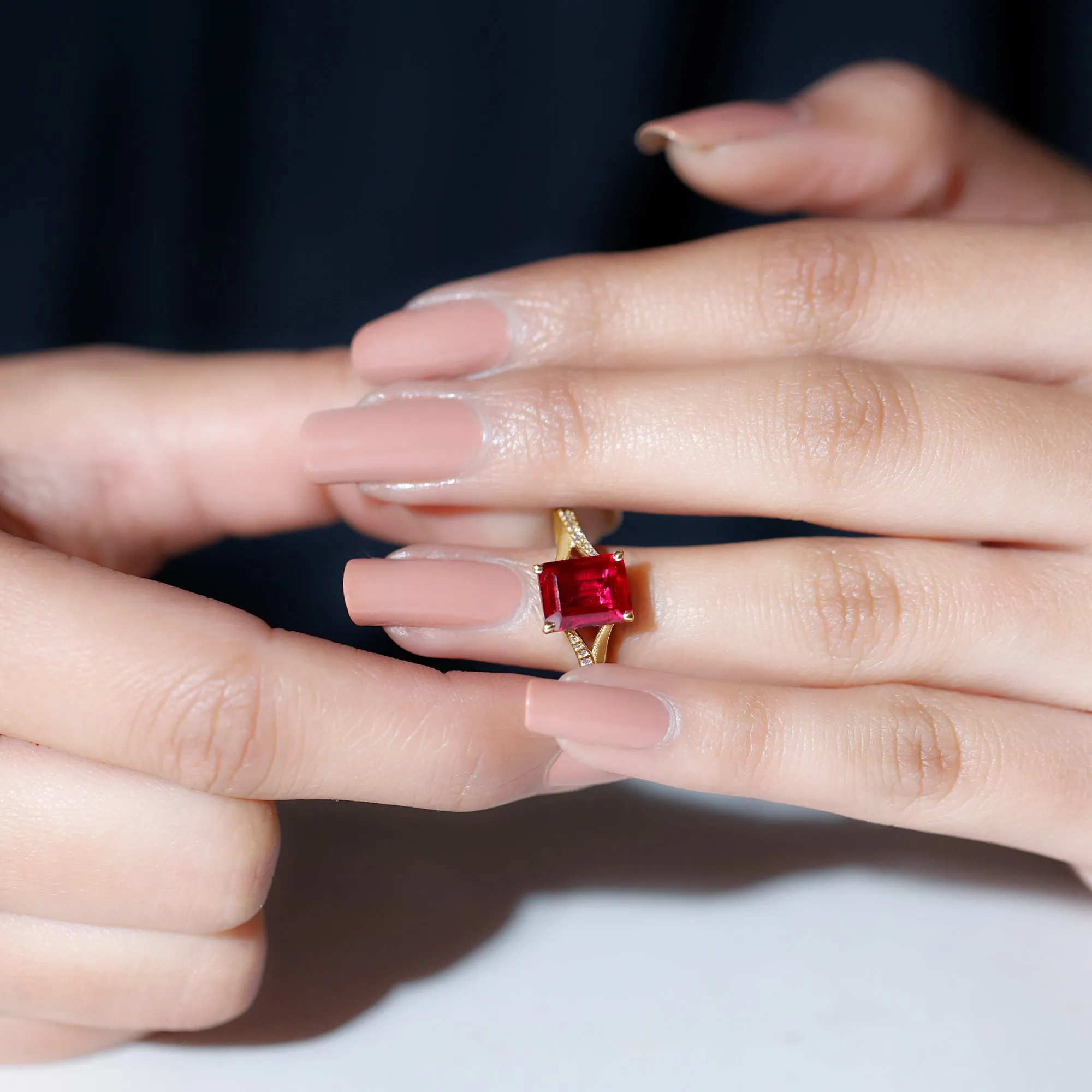 Emerald Cut Lab Grown Ruby and Diamond Ring with Split Shank