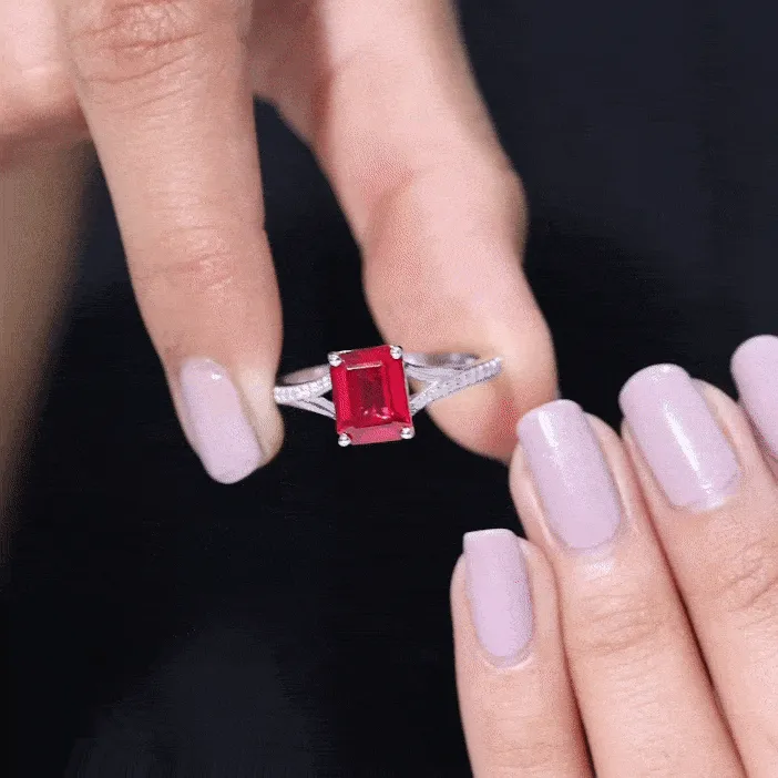 Emerald Cut Lab Grown Ruby and Diamond Ring with Split Shank
