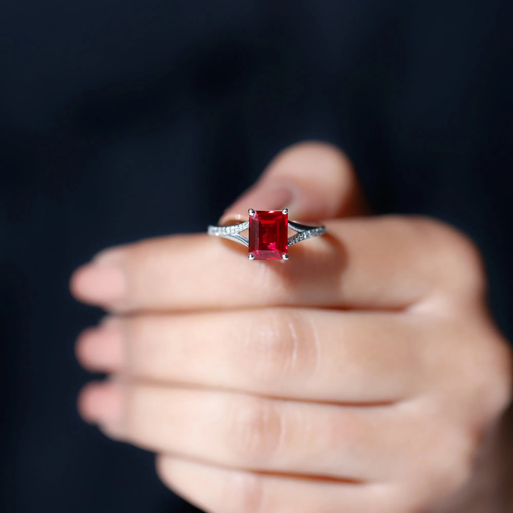 Emerald Cut Lab Grown Ruby and Diamond Ring with Split Shank