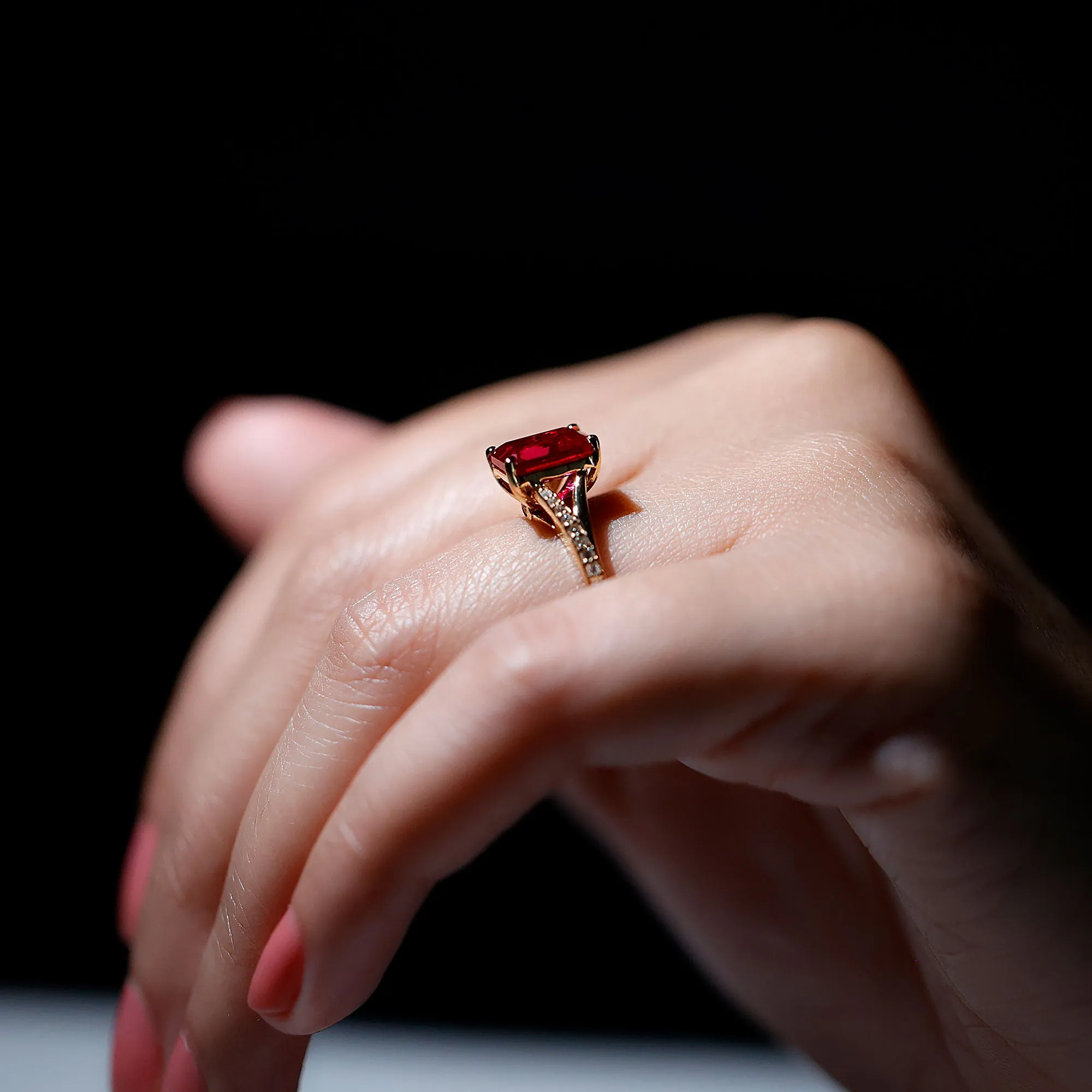 Emerald Cut Lab Grown Ruby and Diamond Ring with Split Shank
