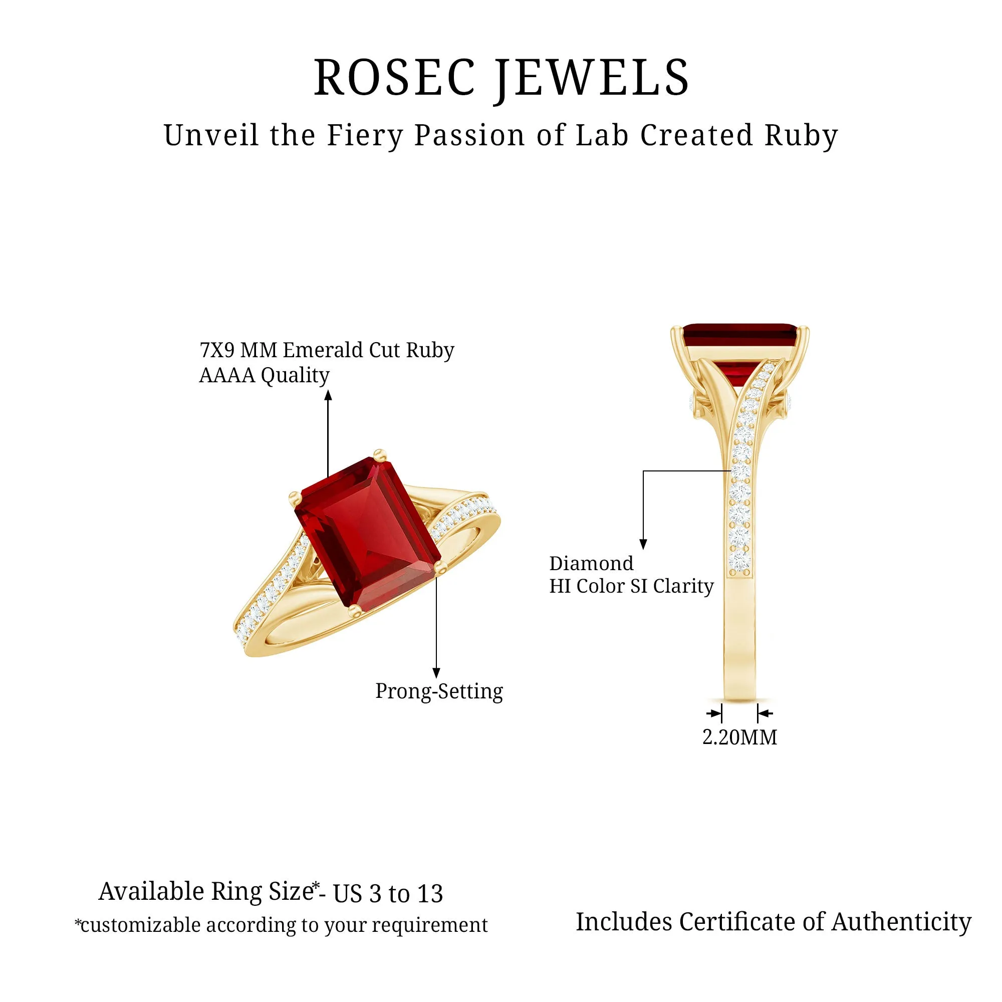 Emerald Cut Lab Grown Ruby and Diamond Ring with Split Shank