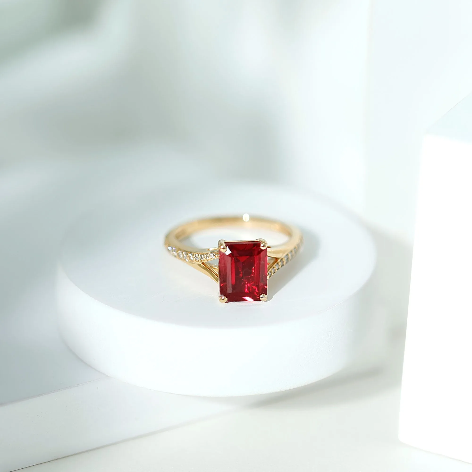 Emerald Cut Lab Grown Ruby and Diamond Ring with Split Shank