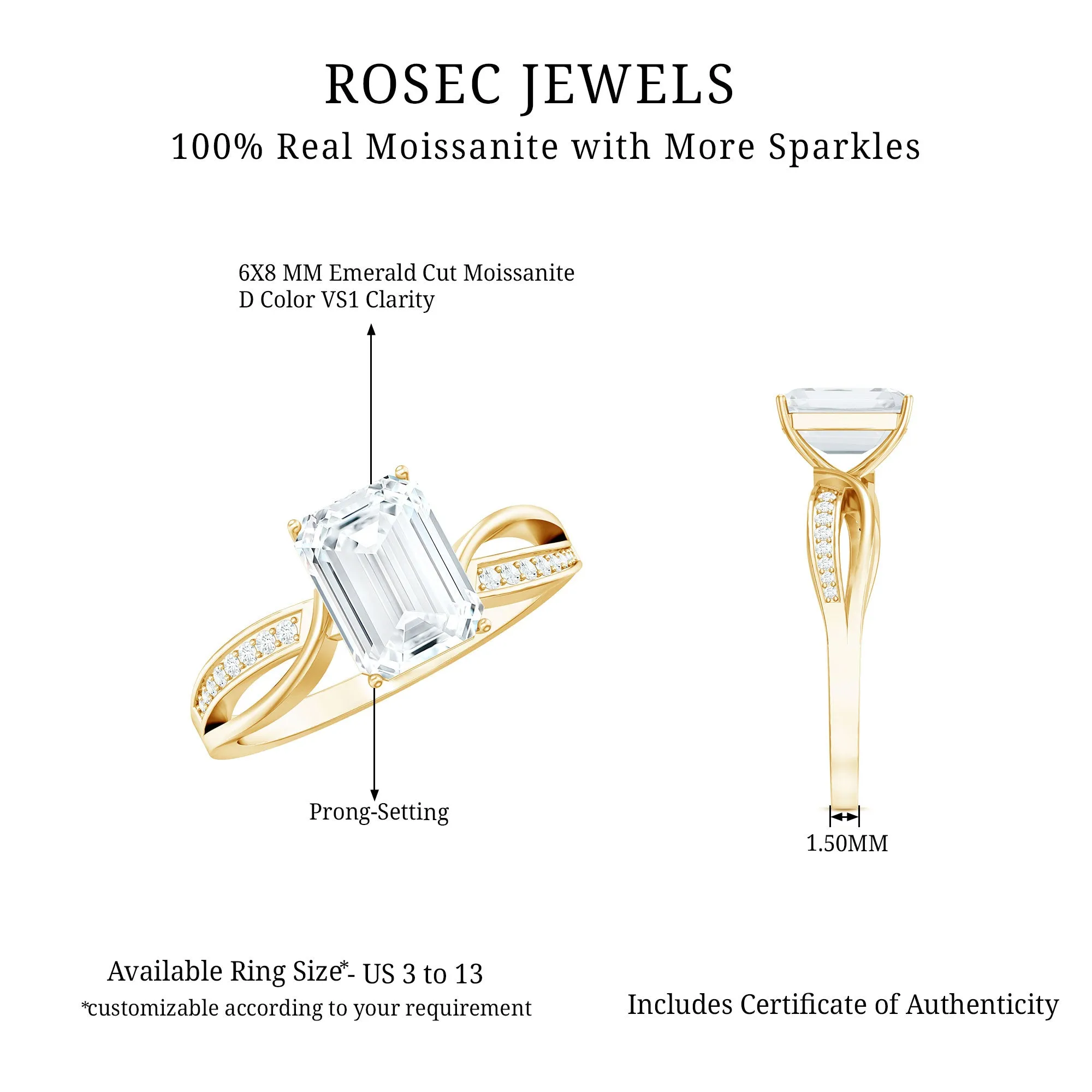 Emerald Cut Moissanite Solitaire Infinity Ring