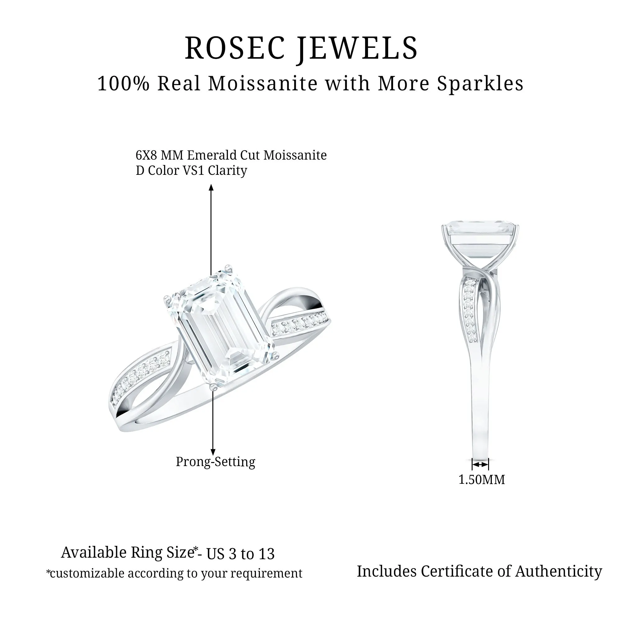 Emerald Cut Moissanite Solitaire Infinity Ring